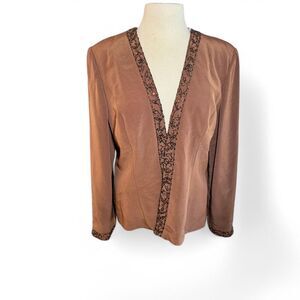 LaBelle Formal Open Front Long Sleeve Women's Brown Jacket with Beaded Trim